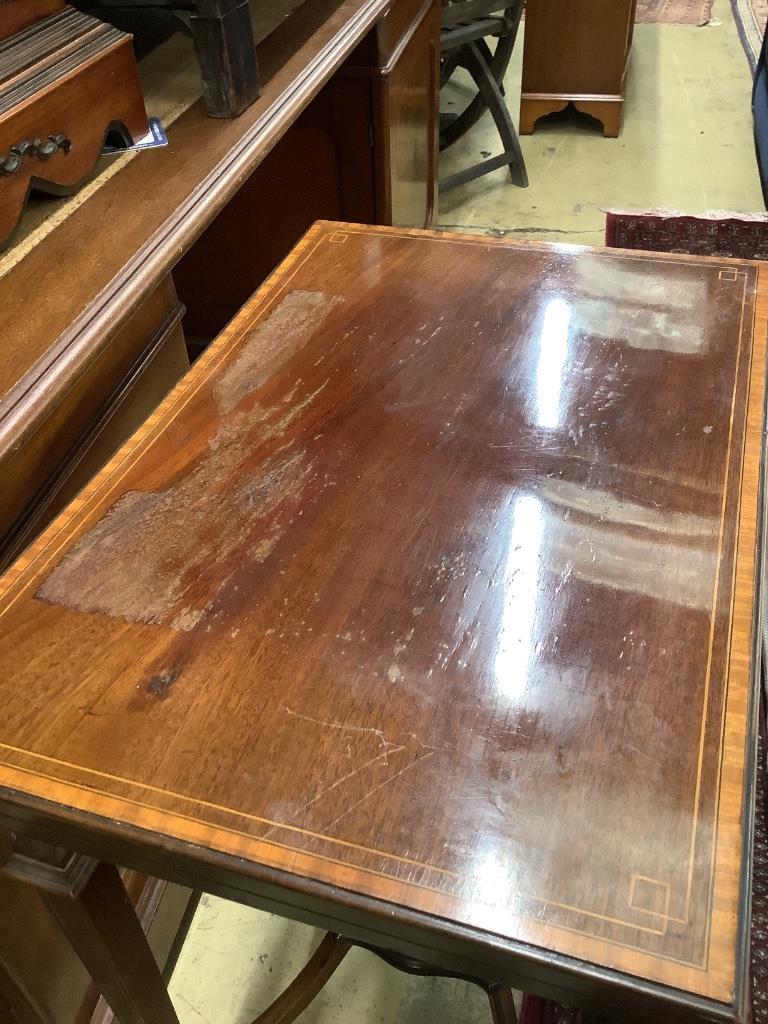 An Edwardian mahogany and satinwood banded swivel top card table, width 60cm, depth 40cm, height 74cm